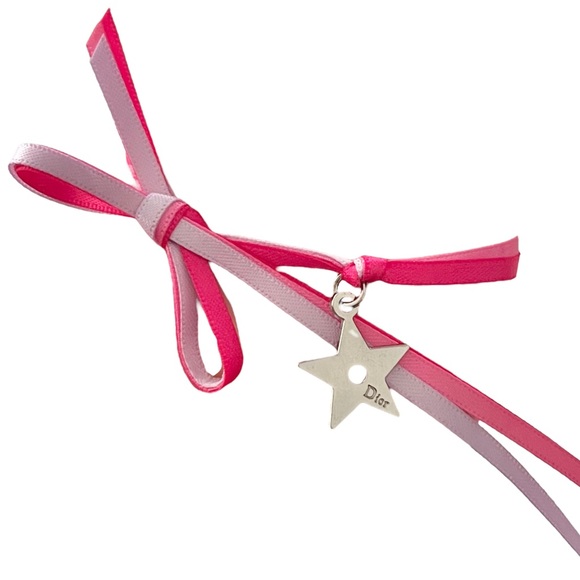 VTG Christian Dior Beauty Pink Ribbon Bow & Star Charm Tie Around Bracelet - Picture 2 of 14